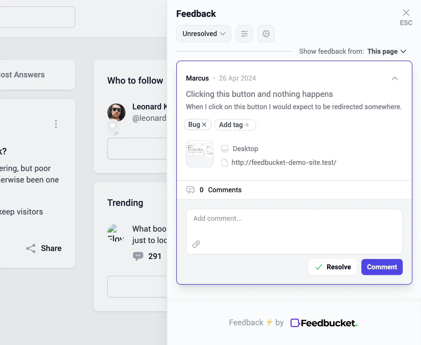 Feedbucket website feedback tool header