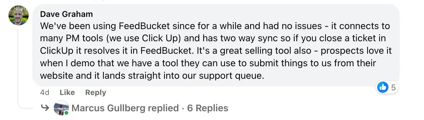 Review of Feedbucket by Dave Graham on Facebook.