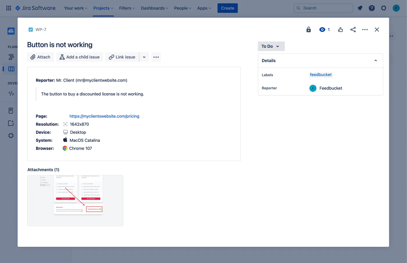 An issue created in JIRA after manual testing on the web application