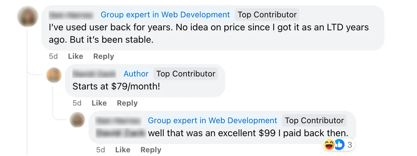 Facebook comment explaining that Userback can become very expensive for agencies