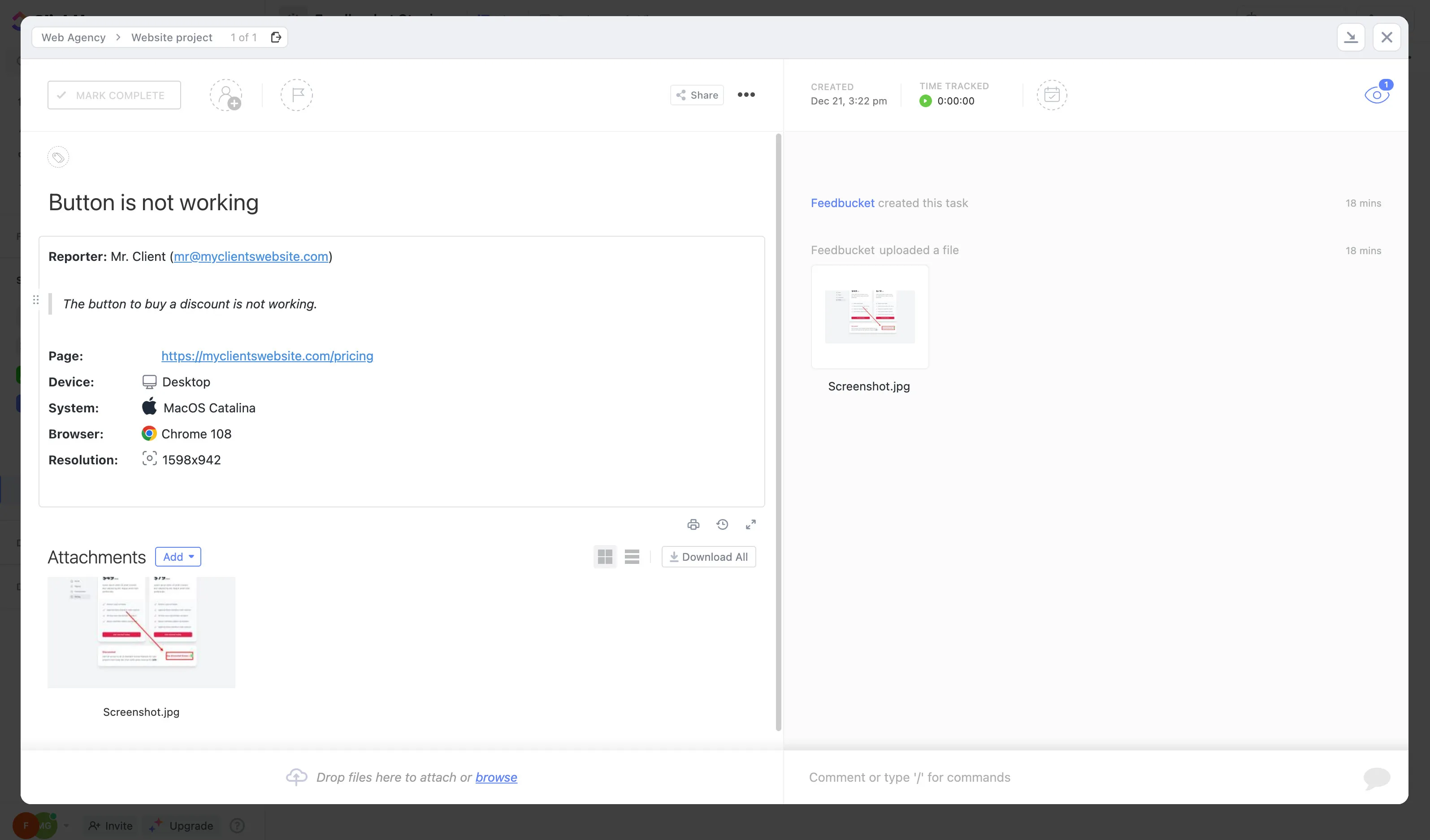 Feedbucket feedback created as a task in ClickUp