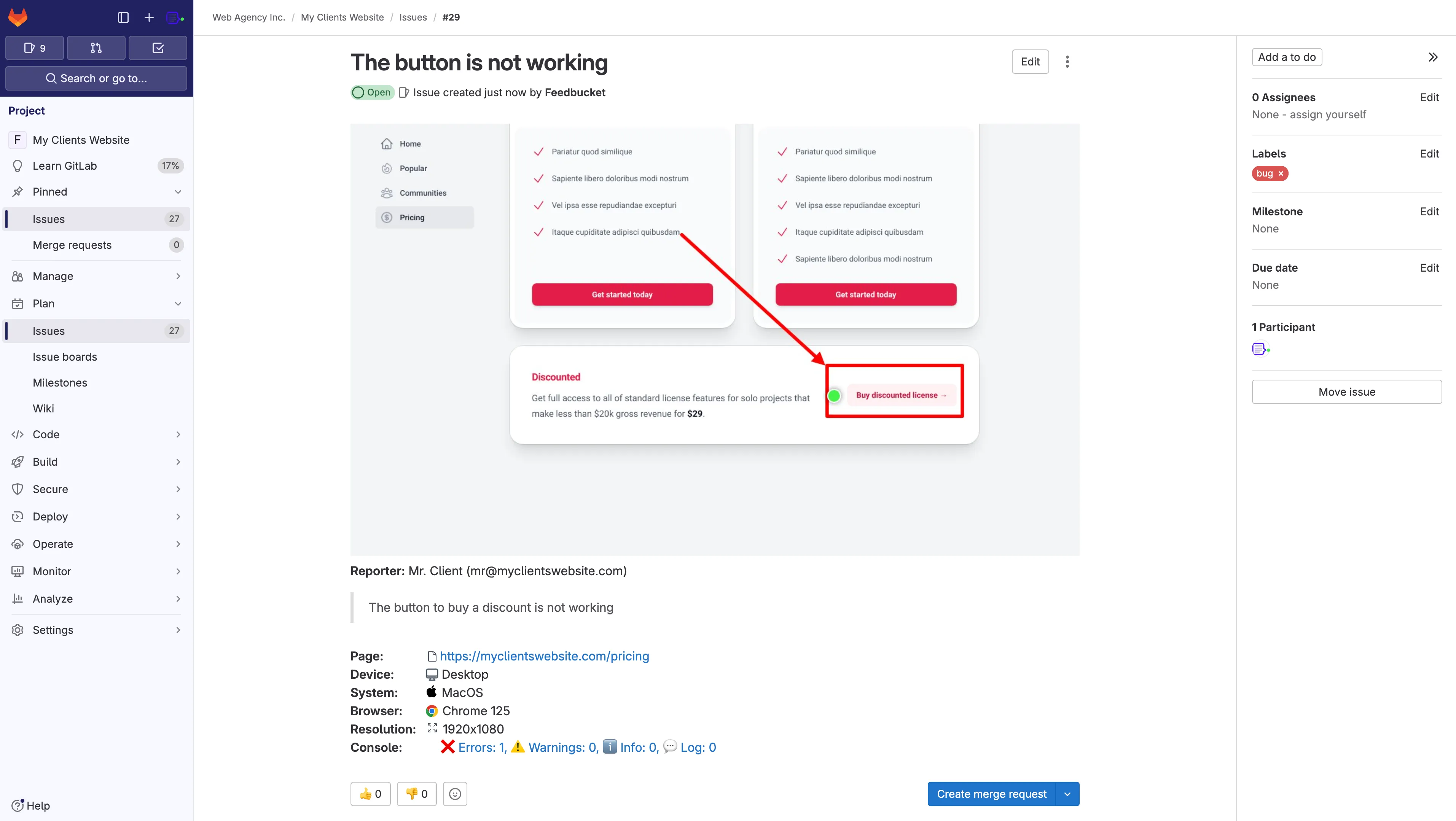 Feedbucket feedback created as an issue in GitLab