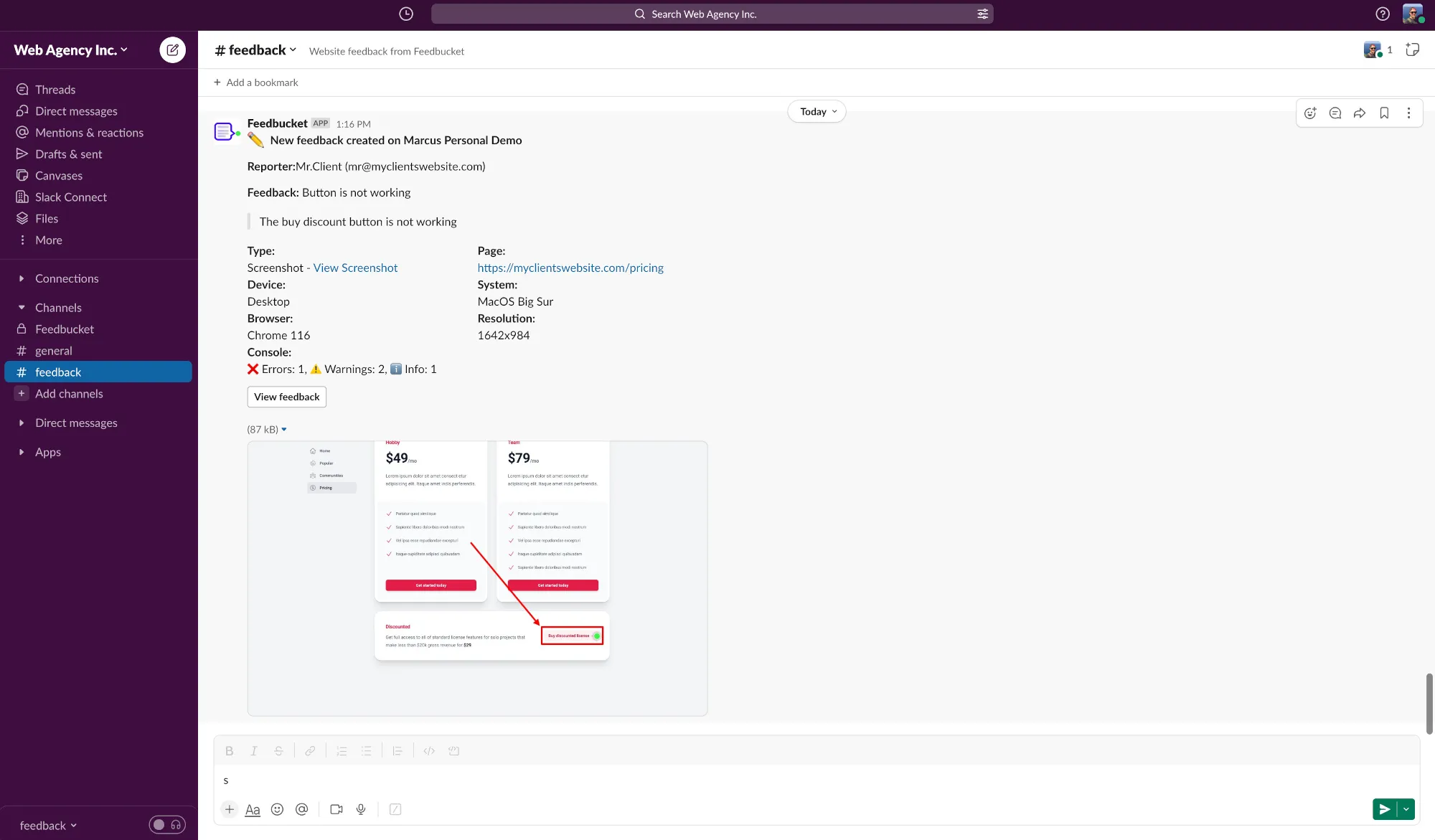 Feedbucket feedback posted as a message in Slack