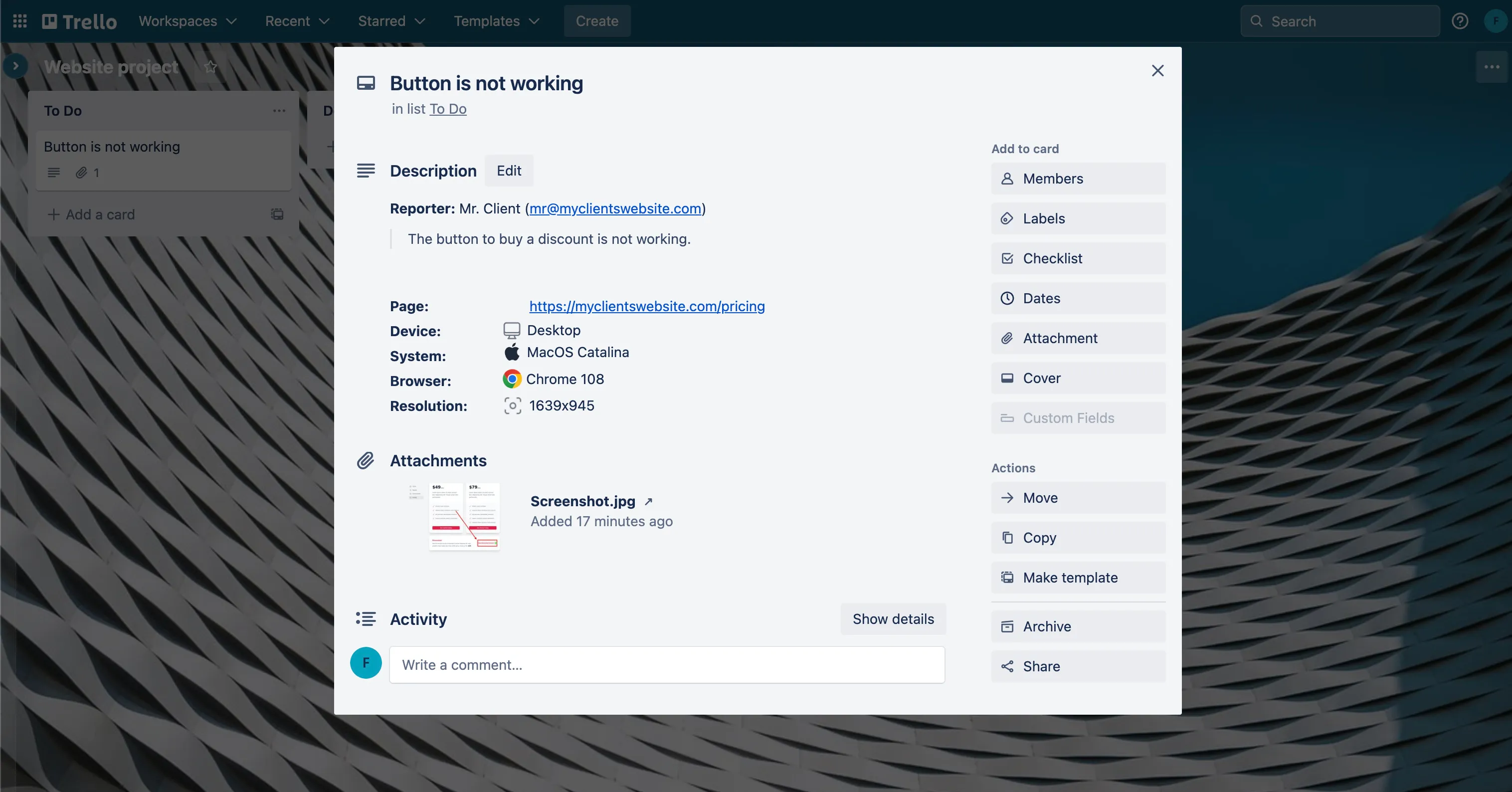 Feedbucket feedback created as a card in Trello